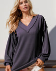 Double Take Exposed Seam Ribbed Textured V-Neck Long Sleeve T-Shirt