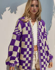 Double Take Full Size Open Front Checkered Drop Shoulder Cardigan