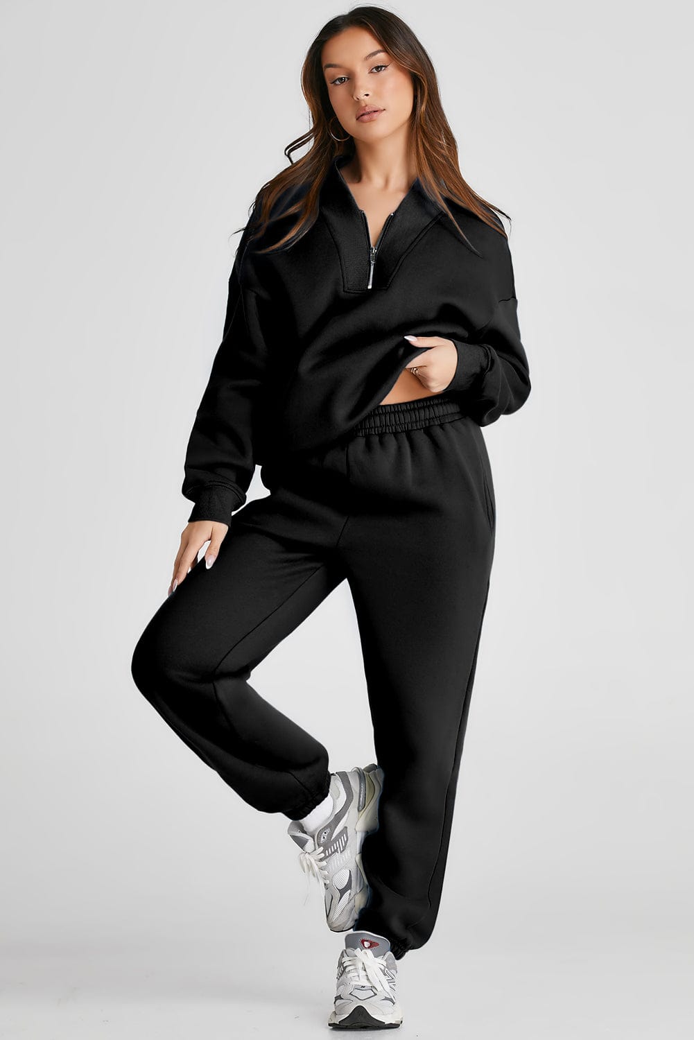 Black Quarter Zip Long Sleeve Top and Pants Set