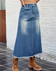 Raw Hem Buttoned Denim Skirt with Pockets