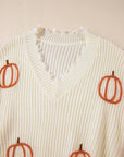 Raw Hem Pumpkin V-Neck Long Sleeve Sweater