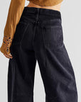 Black Raw Hem Wide Leg Jeans with Pockets