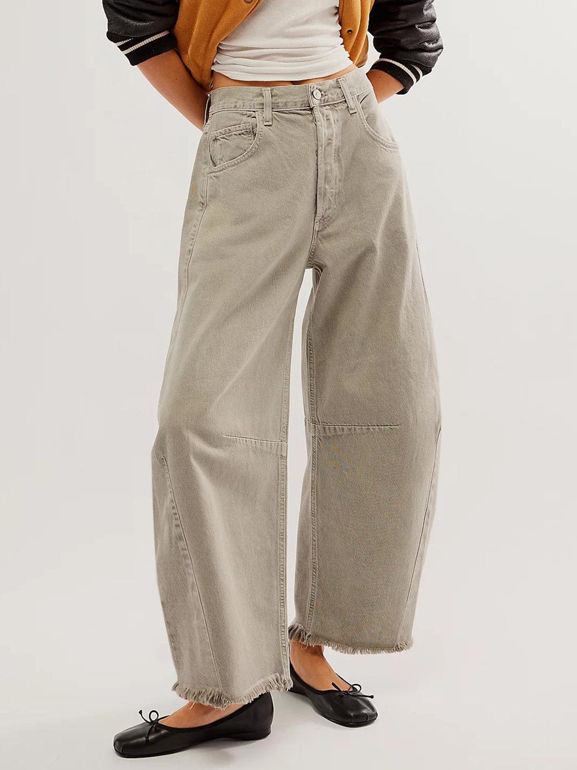 Light Gray Raw Hem Wide Leg Jeans with Pockets