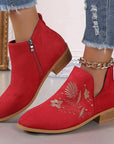 Embroidered Suede Point Toe Block Heel Boots