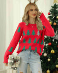 Christmas Tree Round Neck Ribbed Trim Sweater