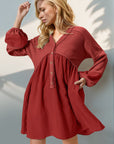 Double Take Waffle-Knit Contrast Half Button V-Neck Long Sleeve Mini Dress