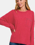 Zenana Full Size Contrast Stitching Brushed Ribbed Hacci Knit Top