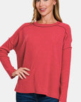 Zenana Full Size Exposed Seam Brushed Round Neck Sweater