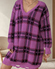 Distressed Plaid V-Neck Long Sleeve Sweater Dress