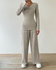 Ribbed V-Neck Long Sleeve Top and Pocketed Pants Set