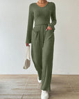 Ribbed V-Neck Long Sleeve Top and Pocketed Pants Set