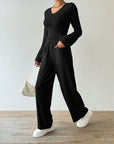 Ribbed V-Neck Long Sleeve Top and Pocketed Pants Set