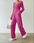 Ribbed V-Neck Long Sleeve Top and Pocketed Pants Set