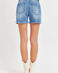 Antique White RISEN Front Slit Raw Hem Denim Shorts