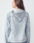 RISEN Full Size Distressed Drawstring Hooded Denim Jacket