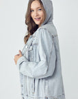 RISEN Full Size Distressed Drawstring Hooded Denim Jacket