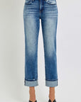 RISEN Full Size High Rise Crop Straight Roll Up Jeans