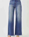 Dark Slate Blue RISEN High Waist Raw Hem Wide Leg Jeans