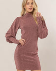 HYFVE Glitter Mock Neck Long Sleeve Mini Dress