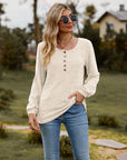 Round Neck Button-Down Long Sleeve Tee