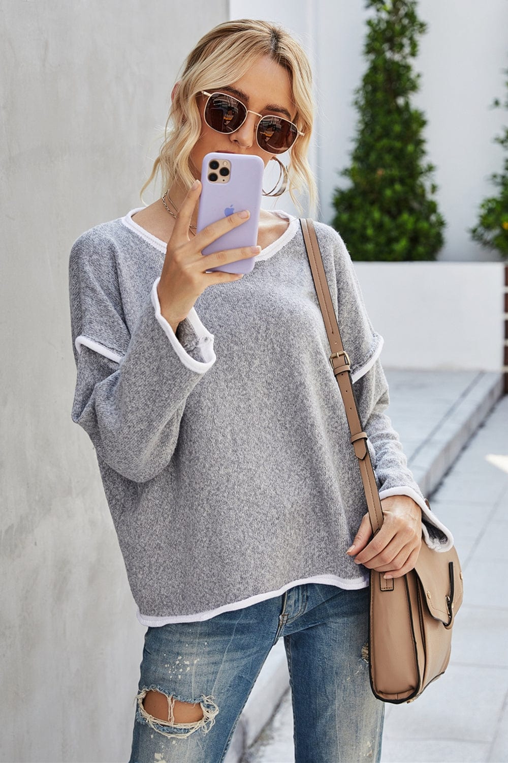 Gray Round Neck Dropped Shoulder Sweater