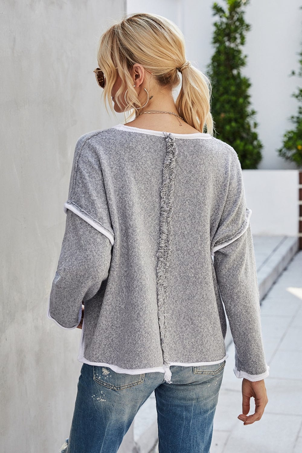 Gray Round Neck Dropped Shoulder Sweater