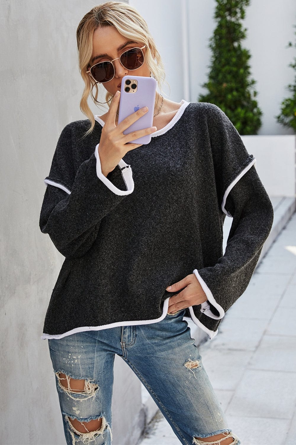 Gray Round Neck Dropped Shoulder Sweater