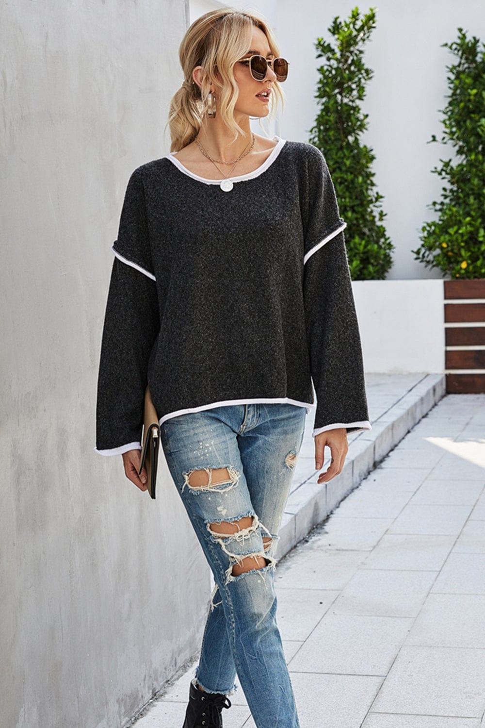 Gray Round Neck Dropped Shoulder Sweater