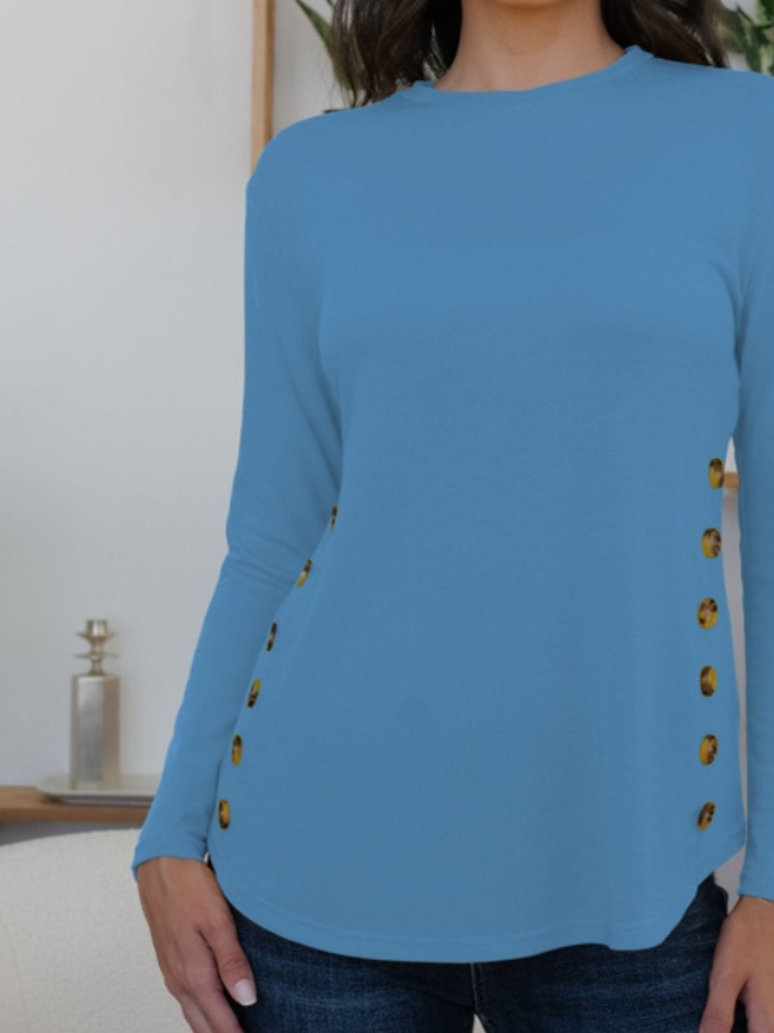 Steel Blue Round Neck Long Sleeve T-Shirt