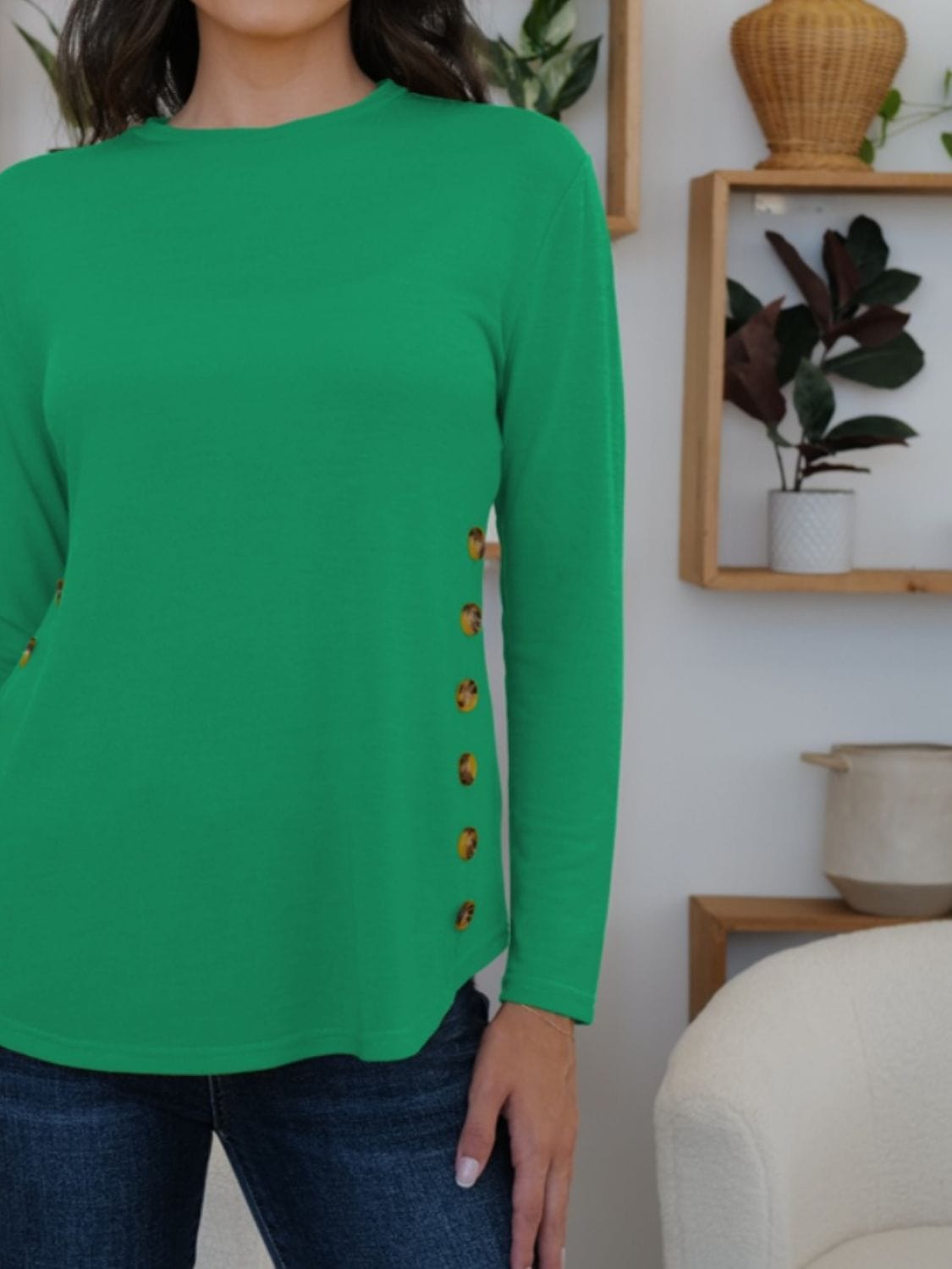 Sea Green Round Neck Long Sleeve T-Shirt