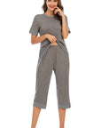 Round Neck Short Sleeve Top and Capris Pants Lounge Set