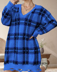 Distressed Plaid V-Neck Long Sleeve Sweater Dress