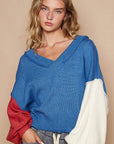 POL Exposed Seam Contrast V-Neck Lantern Sleeve Sweater