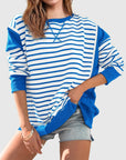 Slit Exposed Seam Striped Long Sleeve Sweatshirt