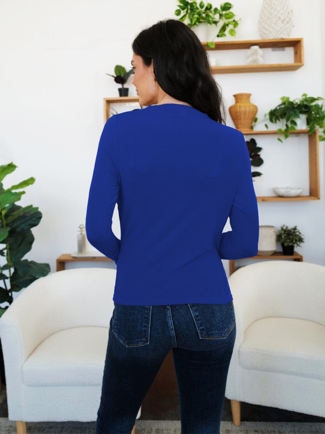 Midnight Blue Ruched Mock Neck Long Sleeve T-Shirt