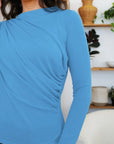 Steel Blue Ruched Mock Neck Long Sleeve T-Shirt