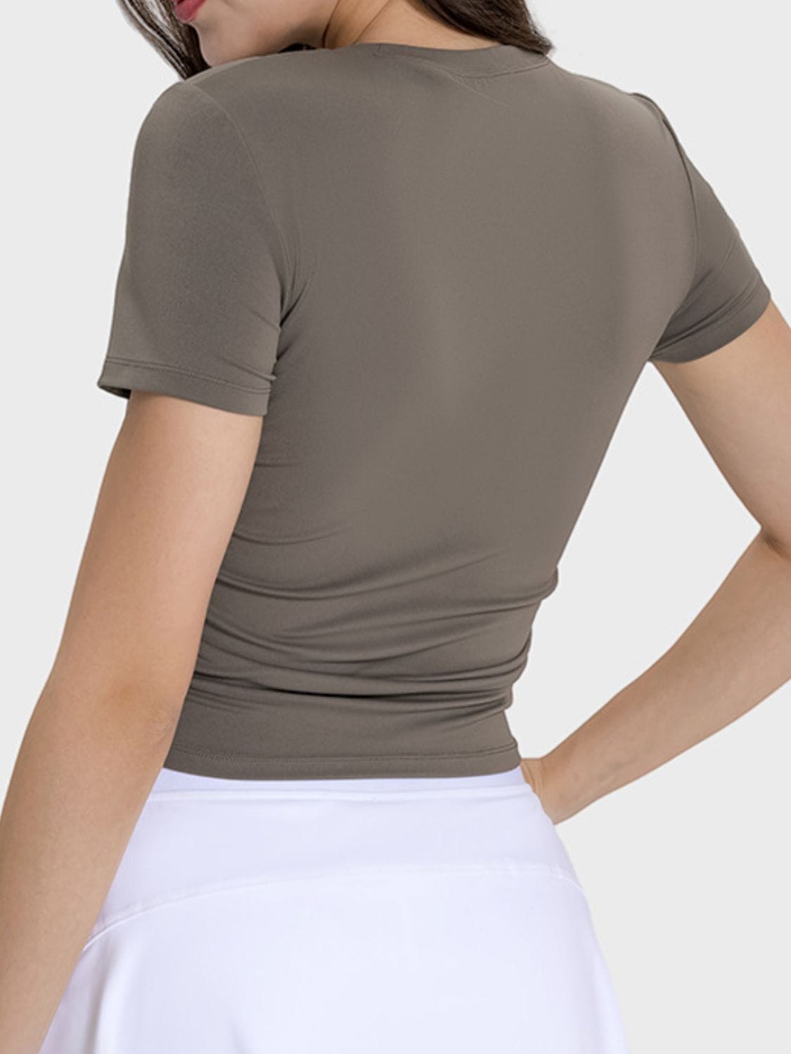 Dim Gray Ruched Round Neck Short Sleeve Active T-Shirt