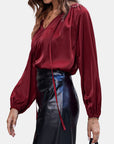 Ruched Tie Neck Balloon Sleeve Blouse