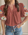 Dim Gray Embroidered Tie Neck Half Sleeve Blouse