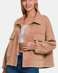 Rosy Brown Zenana Wash Fleece Front Pocket Button Up Shacket