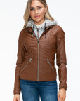 YMI Faux Layered Double-Zipper Jacket with Fuzzy Hood