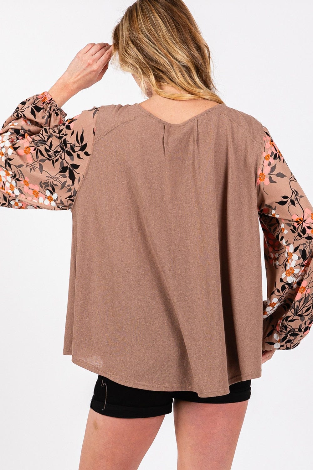 Rosy Brown SAGE + FIG Floral Long Sleeve Front Pleated Detail Blouse