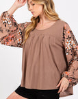 Rosy Brown SAGE + FIG Floral Long Sleeve Front Pleated Detail Blouse