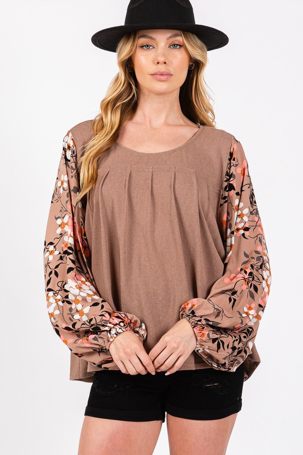 Light Gray SAGE + FIG Floral Long Sleeve Front Pleated Detail Blouse