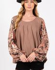 Light Gray SAGE + FIG Floral Long Sleeve Front Pleated Detail Blouse