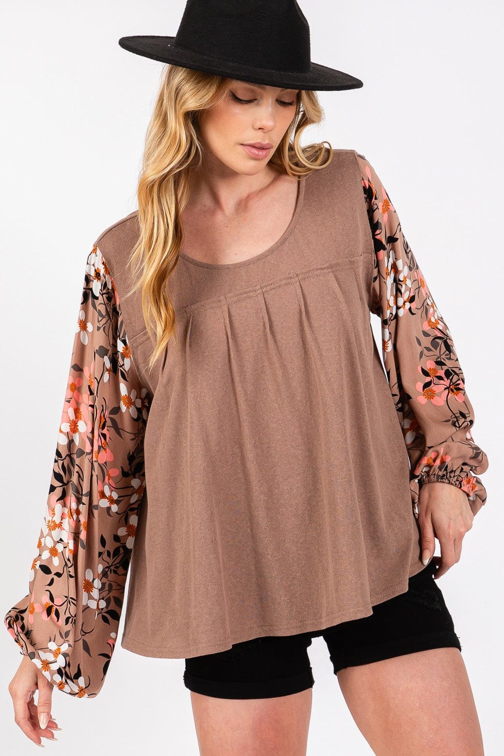 Rosy Brown SAGE + FIG Floral Long Sleeve Front Pleated Detail Blouse