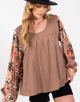 Rosy Brown SAGE + FIG Floral Long Sleeve Front Pleated Detail Blouse