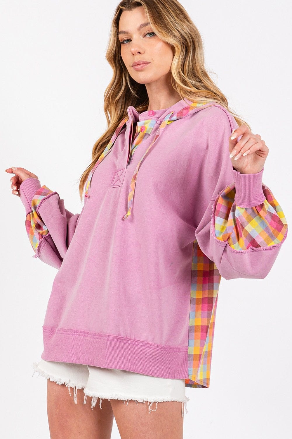 Misty Rose SAGE + FIG Full Size Plaid Print Washed Hoodie