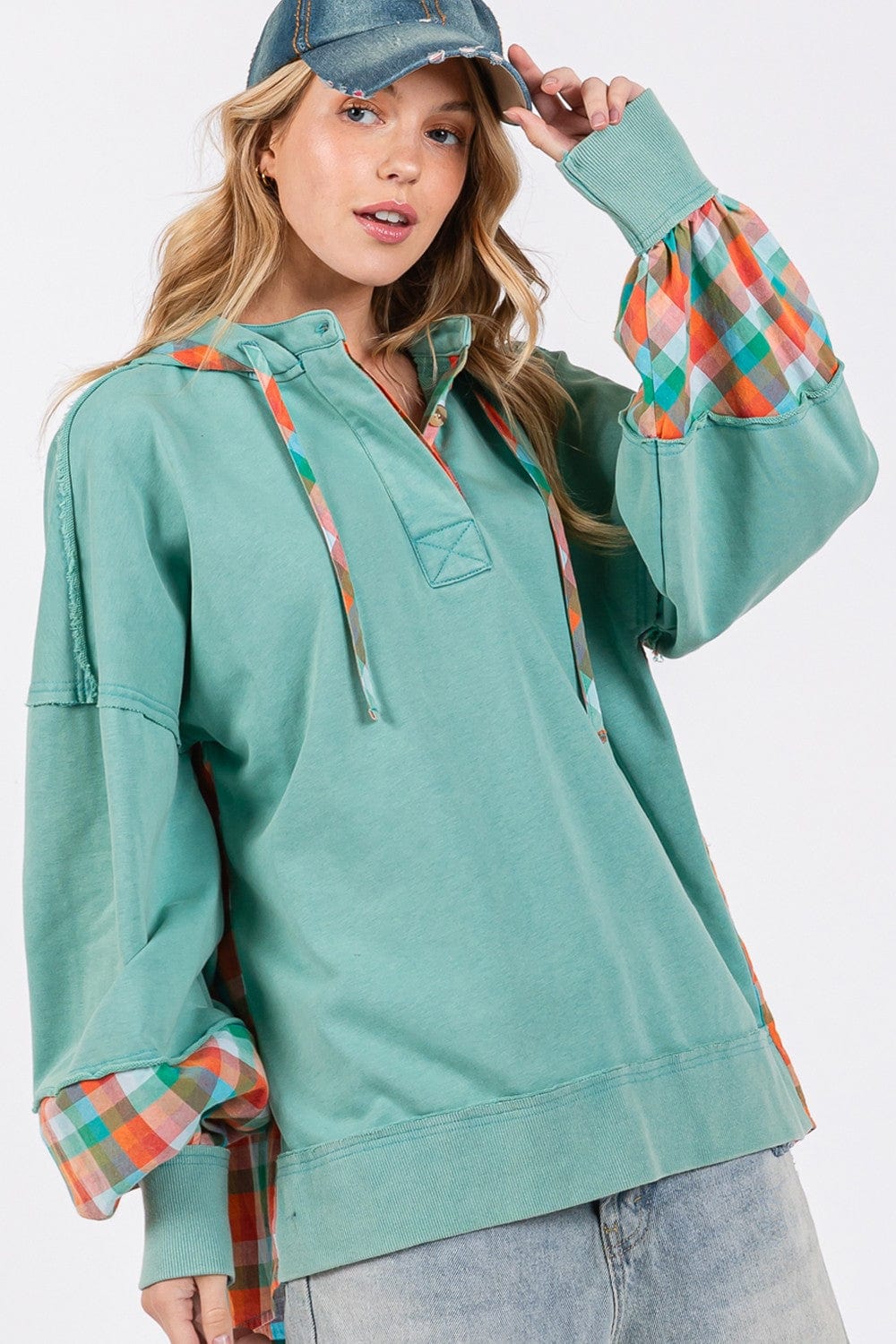 Dark Sea Green SAGE + FIG Full Size Plaid Print Washed Hoodie