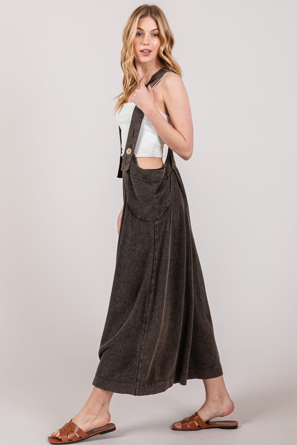 Light Gray SAGE + FIG Full Size Wide Strap Wide Leg Overalls